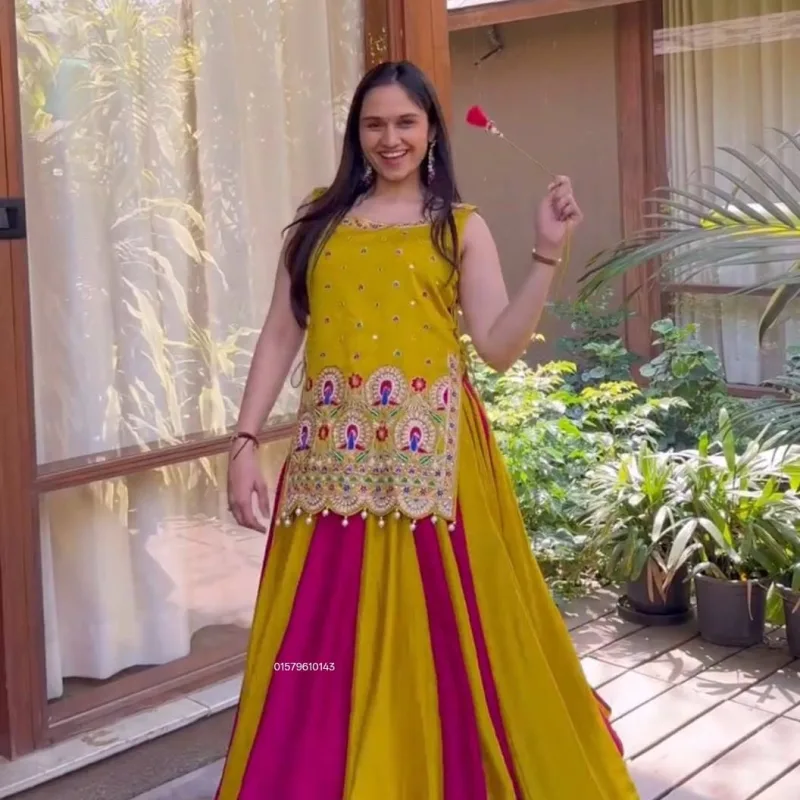 Premium Yellow & Pink Vichitra Silk Lehenga Choli with Designer Shrug